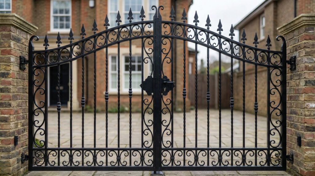 bespoke metal gates and railings Wimbledon London, electric driveway gates, custom steel railings installation, security gates SW London, outdoor garden railings Wimbledon
