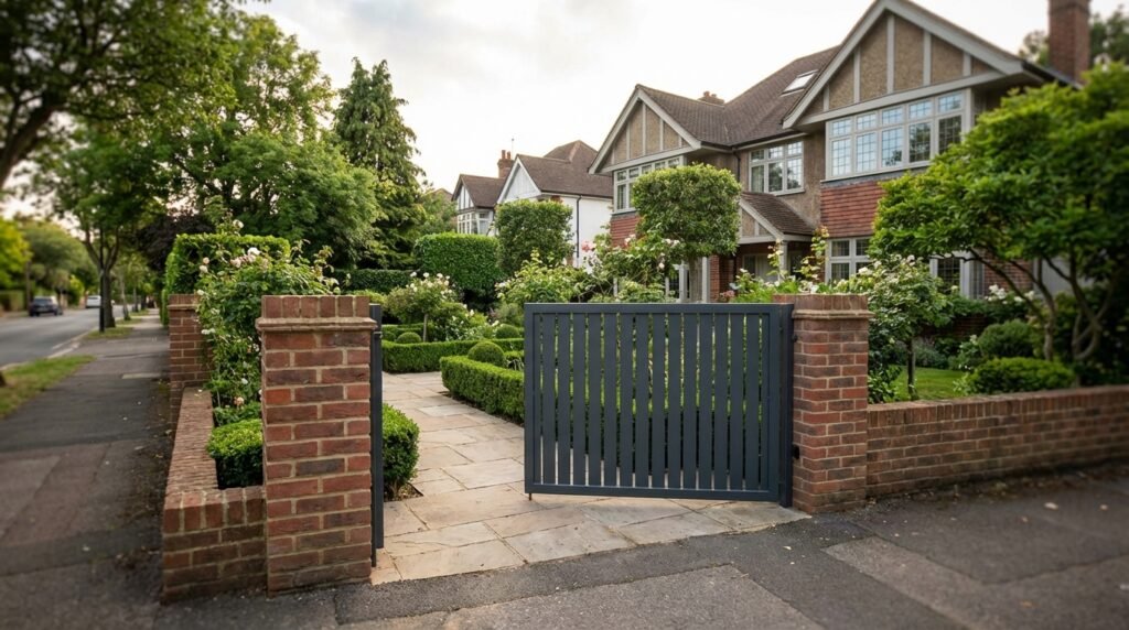 bespoke metal gates and railings Wimbledon London, electric driveway gates, custom steel railings installation, security gates SW London, outdoor garden railings Wimbledon