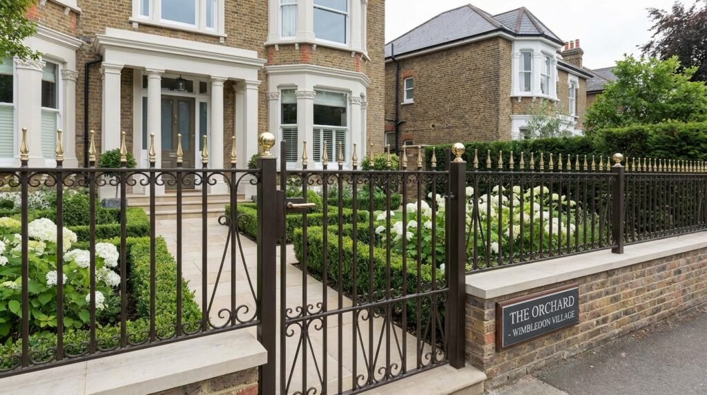 bespoke metal gates and railings Wimbledon London, electric driveway gates, custom steel railings installation, security gates SW London, outdoor garden railings Wimbledon