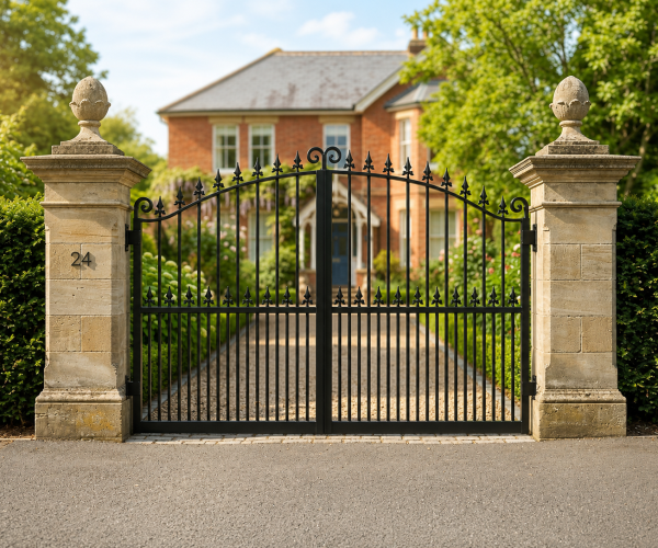 Bespoke steel driveway gates and metal railings installed on a Sutton residential property by NOVA Gates & Railings