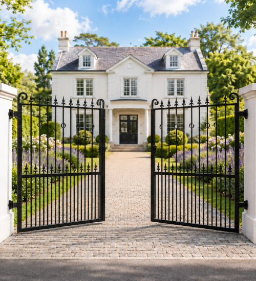 Bespoke steel driveway gates and metal railings installed on a Sutton residential property by NOVA Gates & Railings
