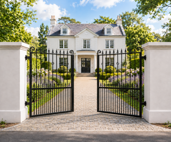 Bespoke steel driveway gates and metal railings installed on a Sutton residential property by NOVA Gates & Railings